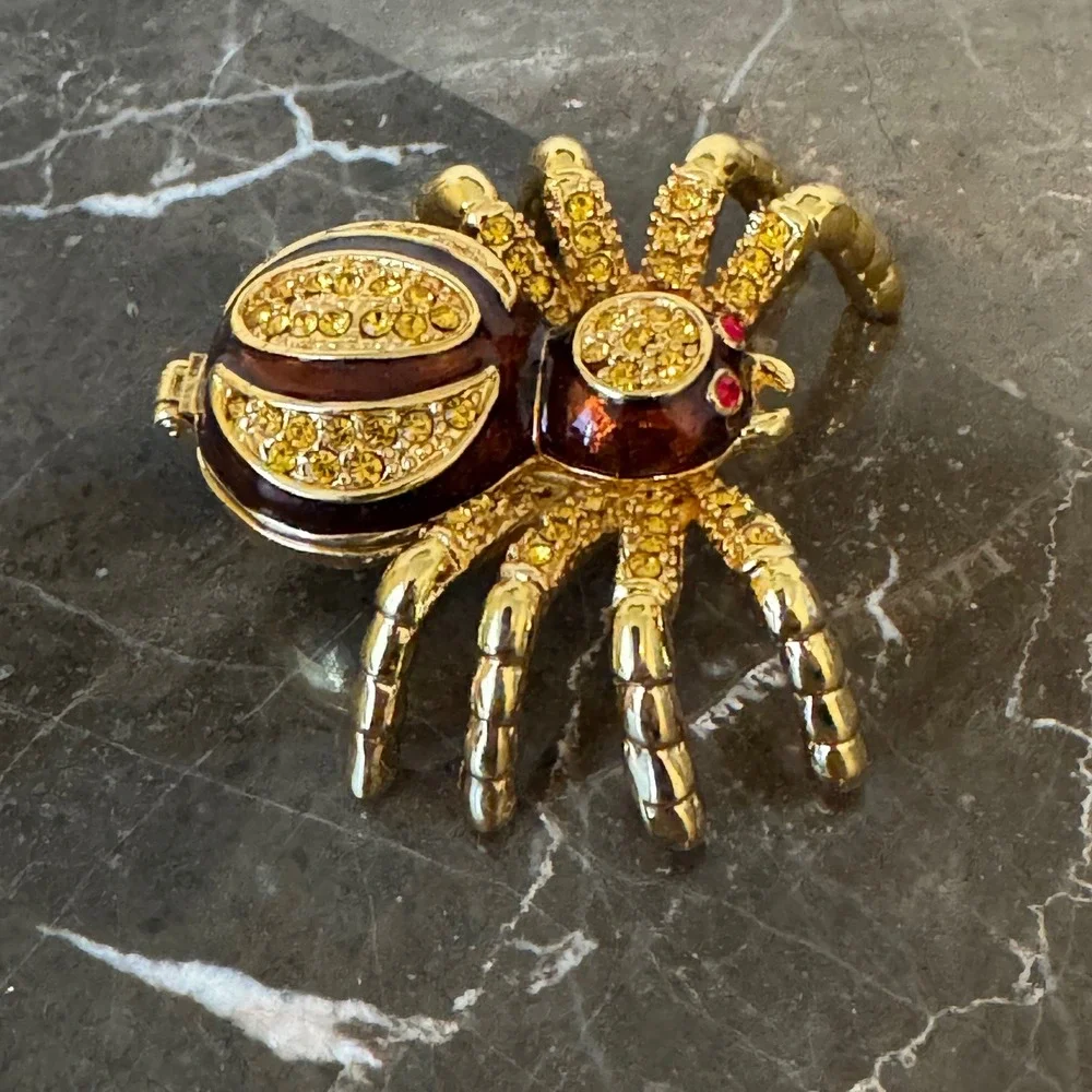 Jeweled Spider Trinket Box Gold Tone Enamel Rhinestone Hinged Collectible Box